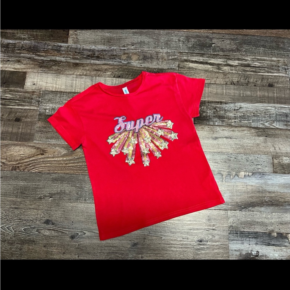 NWOT LN ACOOLA Red Cotton T Shirt Super Sequin Appliqué 10 134